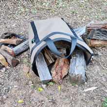 Load image into Gallery viewer, Australian made canvas firewood bag full of wood.