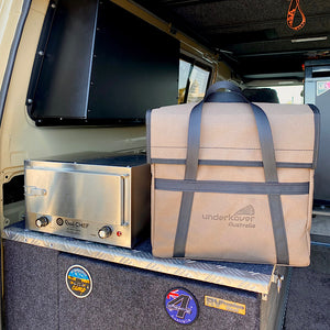 Travel bag for portable 12v oven inside a vehicle.