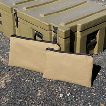 Load image into Gallery viewer, Khaki pouch with black zipper on a dark asphalt surface