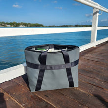 Load image into Gallery viewer, Australian made grey fishing bag on a jetty