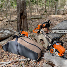 Load image into Gallery viewer, Stihl chainsaw on a log with a carrying case in a forest setting