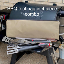 Load image into Gallery viewer, Barbecue tool bag with utensils in front of a grill, labeled '4 piece combo'.