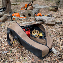 Load image into Gallery viewer, Canvas chainsaw bag packed with chainsaw and gloves