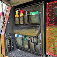 Load image into Gallery viewer, Organised front storage compartments for upright fridge with camping items 