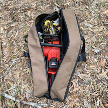 Load image into Gallery viewer, Milwaukee electric chainsaw inside a canvas chainsaw bag made by Underkover Australia