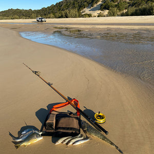 Bag on Beach next to river with fish and rod