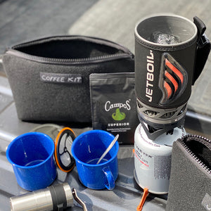 making coffee on back of ute with Jetboil and Underkover bags 