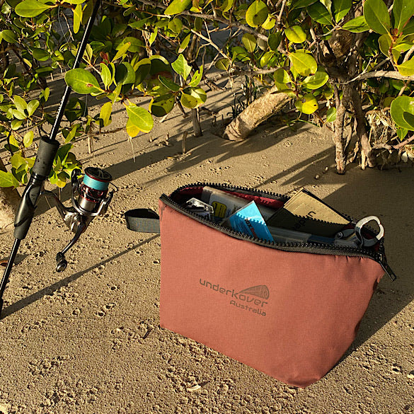 Canvas Fishing Grab Bag on sand