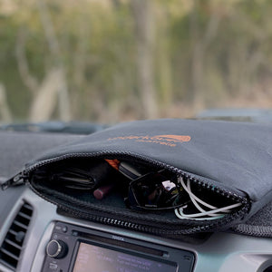 Padded Dash / Console Organiser unzipped with items inside